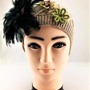 HAND DECORATED BEIGE AND GREEN FLOWERED BEANIE