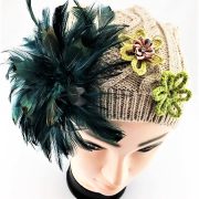 HAND DECORATED BEIGE AND GREEN FLOWERED BEANIE