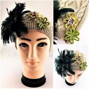 HAND DECORATED BEIGE AND GREEN FLOWERED BEANIE