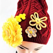 HAND DECORATED RED AND YELLOW FLOWERED BEANIE