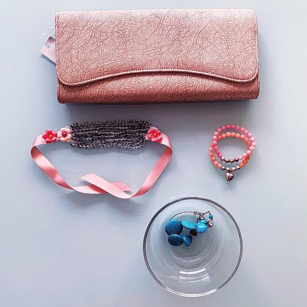 Handmade Choker Recycled Necklace & Semi-Precious Bracelets, & Small Purse (Beige, Peach, Pink)
