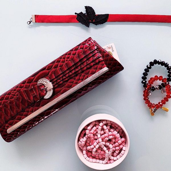 Handmade Choker Recycled Necklace & Semi-Precious Bracelets, & Small Purse (Red & Black)
