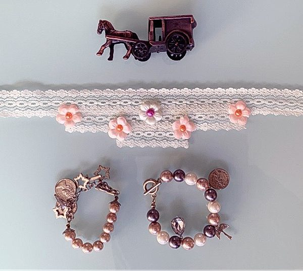 Handmade Choker Recycled Necklace & Pearl Bracelets Cream, Silver, Peach