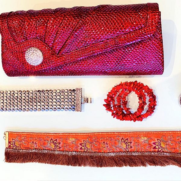 Handmade Choker Recycled Necklace & Semi-Precious Bracelets, & Small Purse (Reds, Brown & Silver)