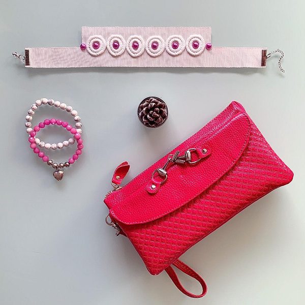 Handmade Choker Recycled Necklace & Semi-Precious Bracelets, & Small Purse (Pink White)