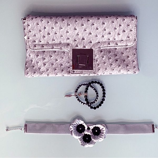 'Exquisita' Handmade Necklace, Semi-Precious Bracelets & Matching Purse (Black, Silver)